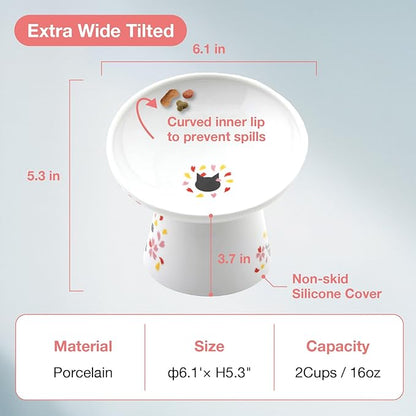 Necoichi Raised Cat Food Bowl – Ceramic Elevated 15° Tilted Cat Bowl for Whisker & Neck Fatigue, Dishwasher Microwave Safe – Non-Slip Anti Vomiting Ergonomic Design (Sakura Floral, Extra Wide Tilted)