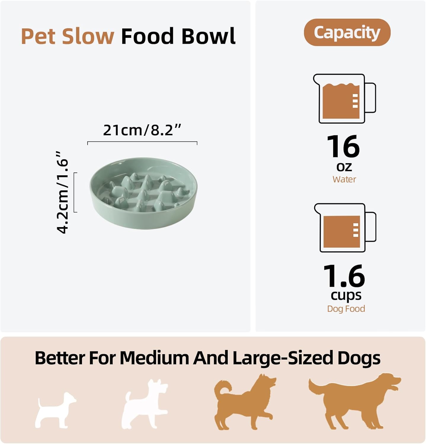 Ceramic 1.6 Cup Dog Bowl Slow Feeder, 8.2 inch Slow Pet Food Dish for Medium and Large Dog, Stop Bloat, Preventing Choking(Single Bowl, Light Green)