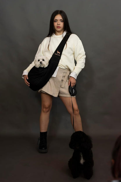 Noah & Paw Dog Sling Carrier for Small Dogs 5-18lb, Dog Sling for Small Dogs and Cats, Dog Carrier with Adjustable Padded Strap, Premium Denim, Lined with Fur, Double Safety Feature, Machine Washable