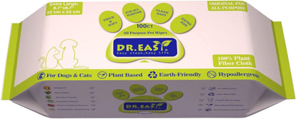 DR.EASY All Purpose Pet Grooming Wipes 100Ct Plant Based Ingredients for Paws,Body,Nose &Bum Cleaning,Remove Dirt,Dander & Excess Hair with Soft and Thick Wipes,No Fragrance