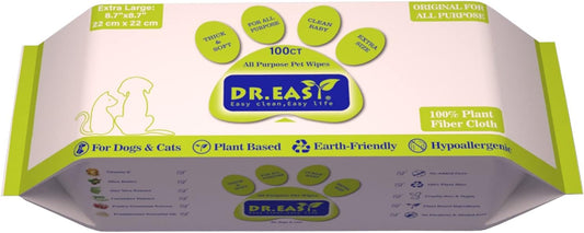 DR.EASY All Purpose Pet Grooming Wipes 100Ct Plant Based Ingredients for Paws,Body,Nose &Bum Cleaning,Remove Dirt,Dander & Excess Hair with Soft and Thick Wipes,No Fragrance