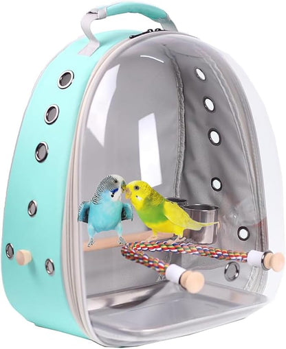 Bird Traval Carrier Cage, Multi Vent Holes Clear Space Capsule Astronaut Backpack to Carry Parakeet Cockatiel Parrot with Metal Tray Wood Perch, Vet Transport Book Bag