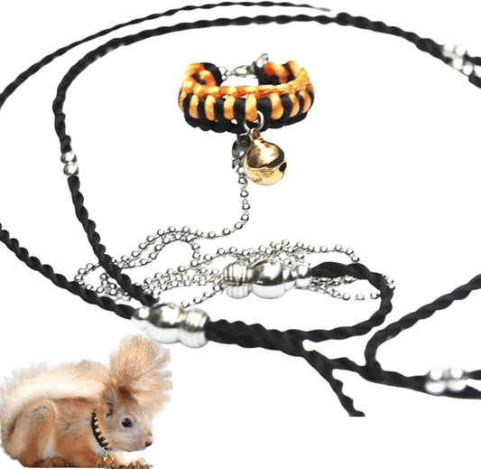 Squirrel Traction Rope Strap Anti-Biting Chain Rope, Small Animal Walking Collar Harness with Lead Leash for Hamster Gerbil Rat Mouse Ferret Chinchilla (Black with Orange)