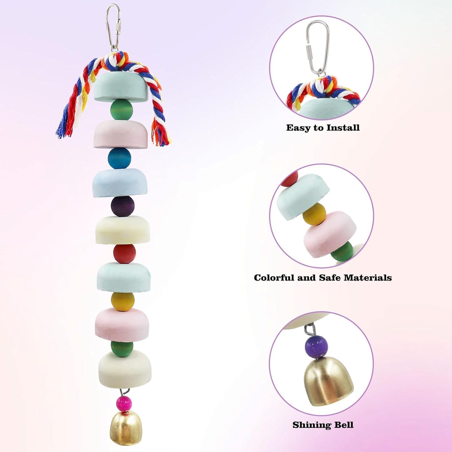Mineral Chew Toy 2-Pack – Colorful Beaded Bird Toys with Bells | Beak Grinding & Foraging Enrichment for African Grey, Amazon Parrots, Budgies, Cockatiels, Conures