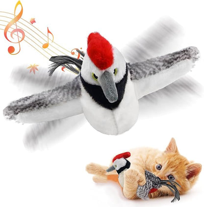 Cat Toys, Flapping Wings Woodpecker, No Flying, Chirping Bird Interactive Catnip Toy for Kitten or Small Dogs, Touch Activated, Rechargeable