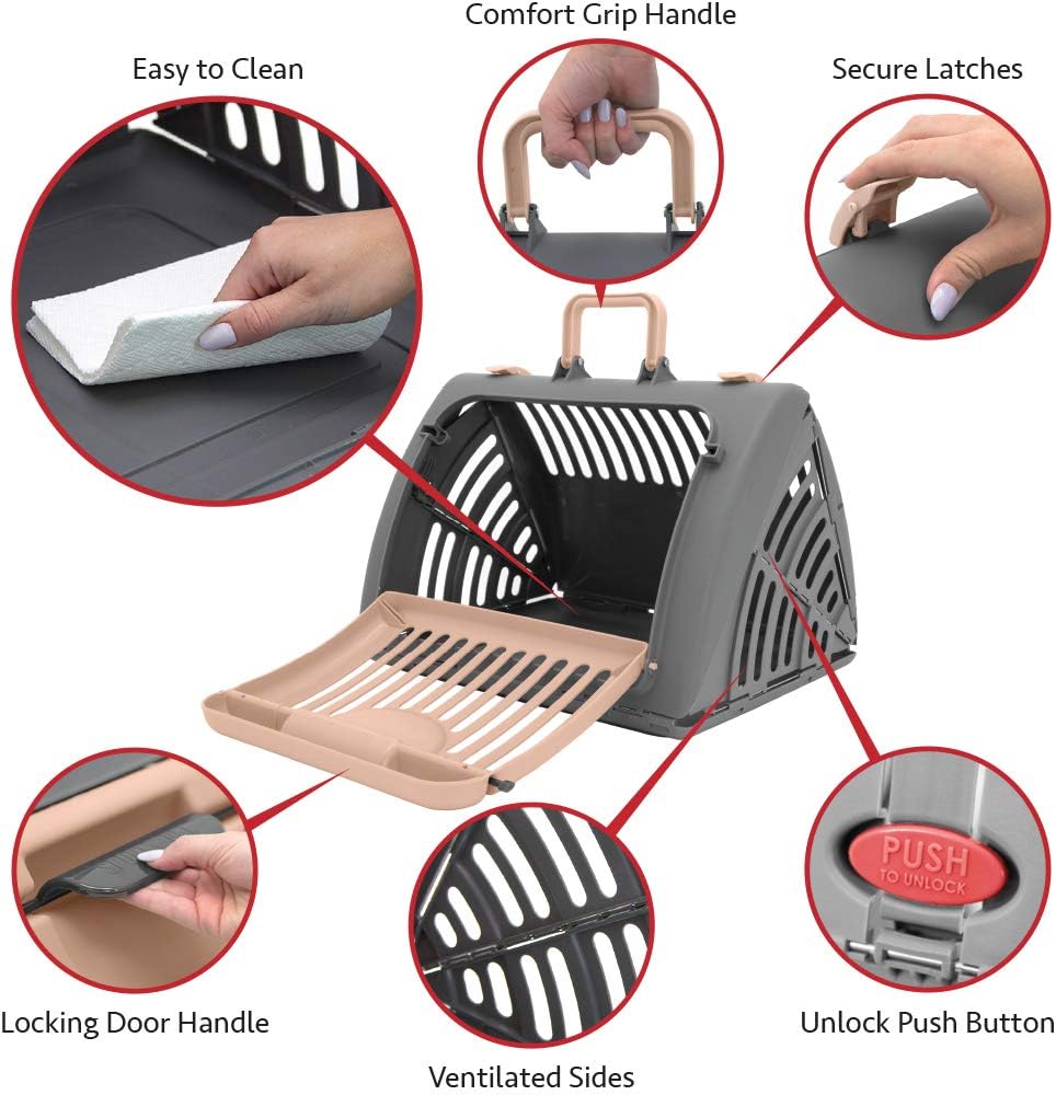 SportPet Designs Foldable Travel Cat Carrier - Front Door Plastic Collapsible Carrier Collection, Waterproof Bed