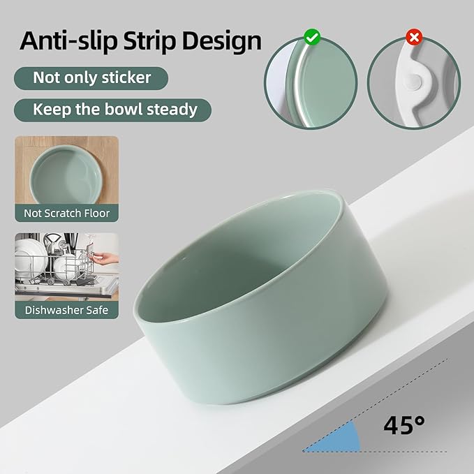 Ceramic 6.1inch Dog Bowls for Small and Medium Breed Dog Dish Pet Food and Water Bowl (Set of 2 Bowls - Light Green, 28oz)