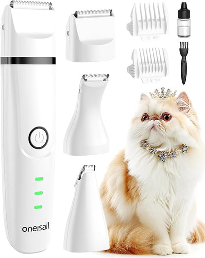 oneisall Cat Grooming Kit, 3 in 1 Quiet Cat Clippers for Thick Matted Paw Hair Trimmer, Heavy Coat Butt Shaver Cordless Pet Clippers Fur Trimmer for Dogs and Other Small Animals at Home Travel