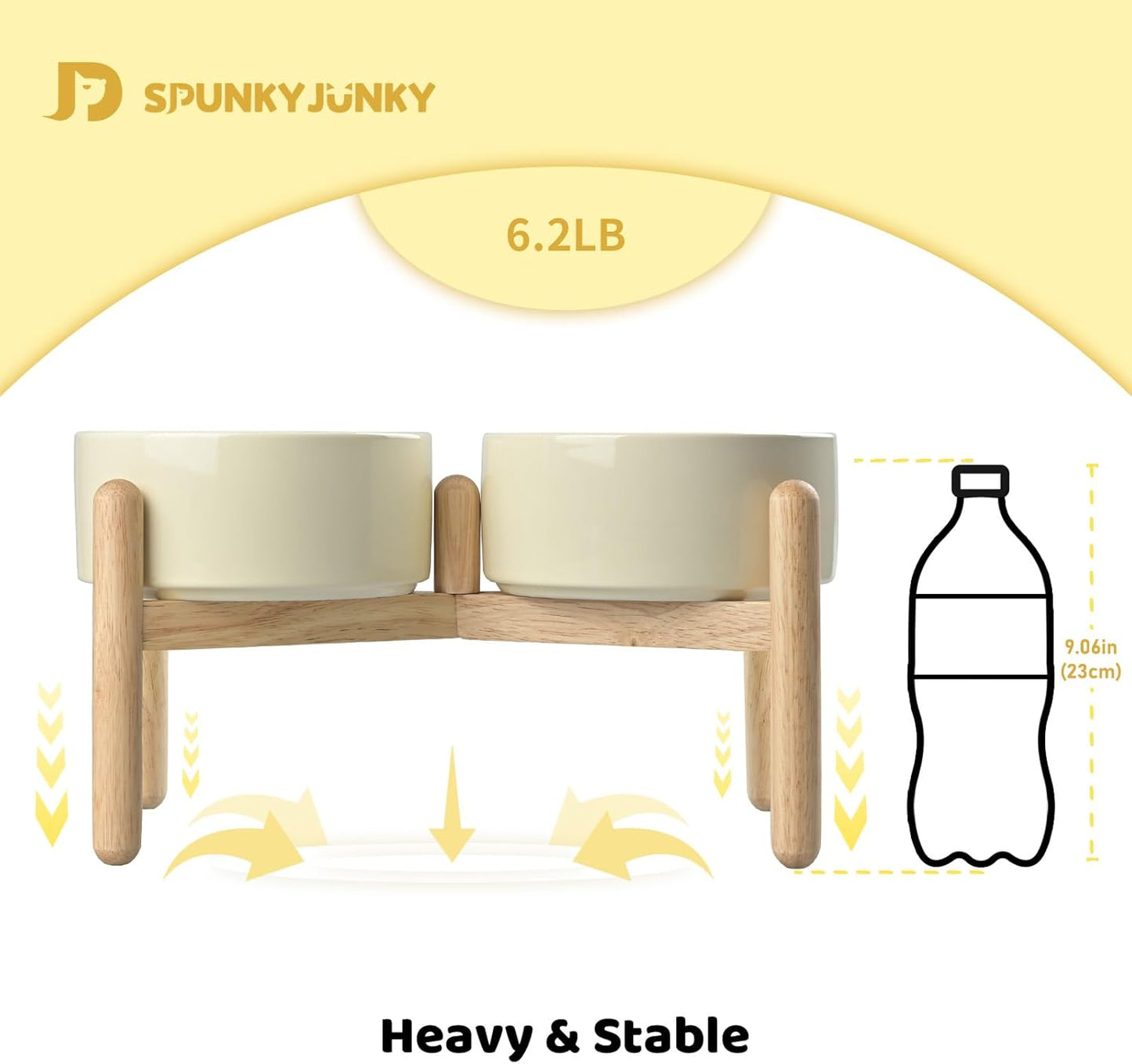 SPUNKYJUNKY Ceramics Elevated Dog Bowls with Wooden Stand - Raised Double 60OZ Cream White Bowls for Medium Large Dogs