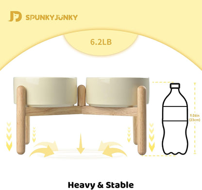 SPUNKYJUNKY Ceramics Elevated Dog Bowls with Wooden Stand - Raised Double 60OZ Cream White Bowls for Medium Large Dogs