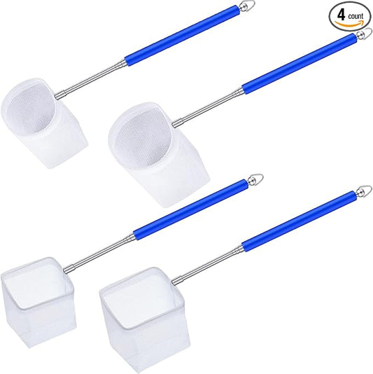 4 Pieces Fish Tank Shrimp Net Extendable Handle Shrimp Net Stainless Steel Small Aquarium Catch Mesh with Adjustable Handle for Aquarium Fish Tank Pond