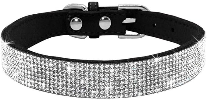 Rhinestone Dog Collar, Cute Dazzling Sparkling Soft Suede Leather Adjustable Pet Dog Cat Collar Crystal Diamond for Puppy Small Medium Large Dogs (XXS:15.5-21cm, Black)