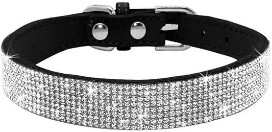 Rhinestone Dog Collar, Cute Dazzling Sparkling Soft Suede Leather Adjustable Pet Dog Cat Collar Crystal Diamond for Puppy Small Medium Large Dogs (XXS:15.5-21cm, Black)
