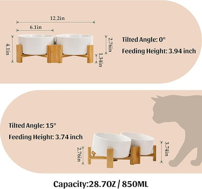 SPUNKYJUNKY 15° Slanted Ceramic Dog and Cat Bowl with Wooden Stand, Tilted Bulldog Food and Water Bowl No Slip Non-Spill for Cats Medium Dogs Big Face Pets 28.7 OZ (3.6 Cups, White × 2)