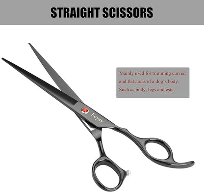 Dog Grooming Scissors Kit, Fcysy Professional Pet Hair Cutting Shears Set with Curved & Straight Blades Scissors Thinning Shears– Stainless Steel Grooming Tools for Dogs & Cats at Home
