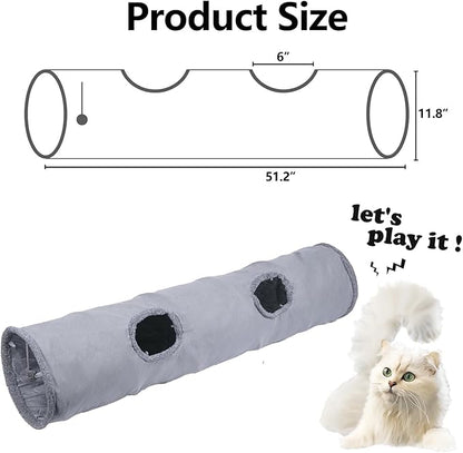 Collapsible Cat Tunnel with Play Ball - Durable Suede Indoor Cat Play Tube for Kitten, Puppy and Rabbit (Medium)