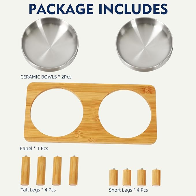 Elevated Cat Bowls for Indoor Cats – Raised Bamboo Cat Food Table with 2 Stainless Steel Dishes, Adjustable Height (4.25"/3.07"), Set of 1