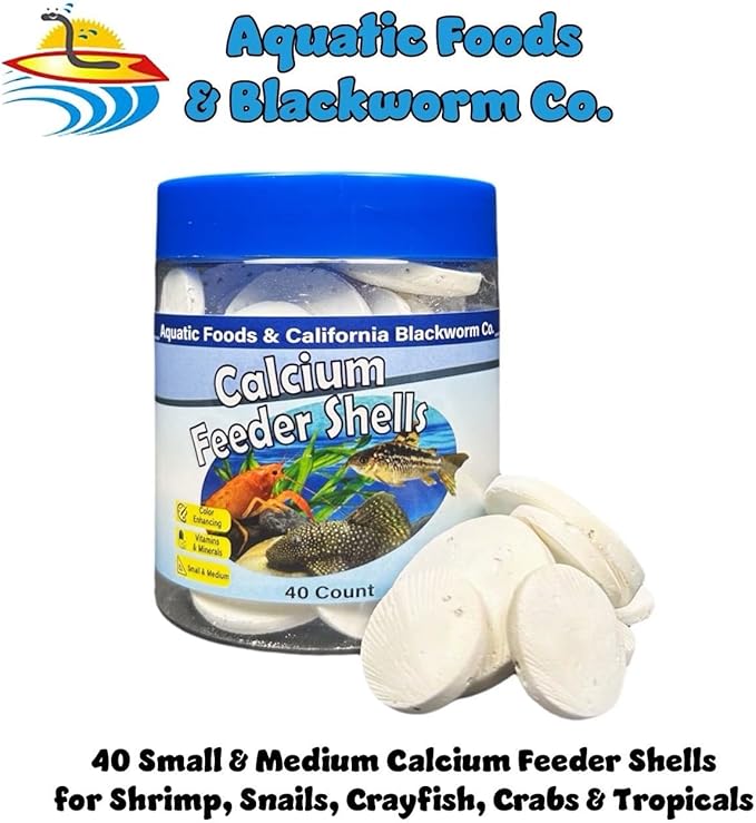 Aquatic Foods Inc. Calcium Feeding Shells, Small & Medium for Shrimp, Snails, Crabs, Crayfish, Plecos, Catfish, All Tropical Fish, 4-Type Wafer & 12-Type Pellet Mix Included 40 Count Canister