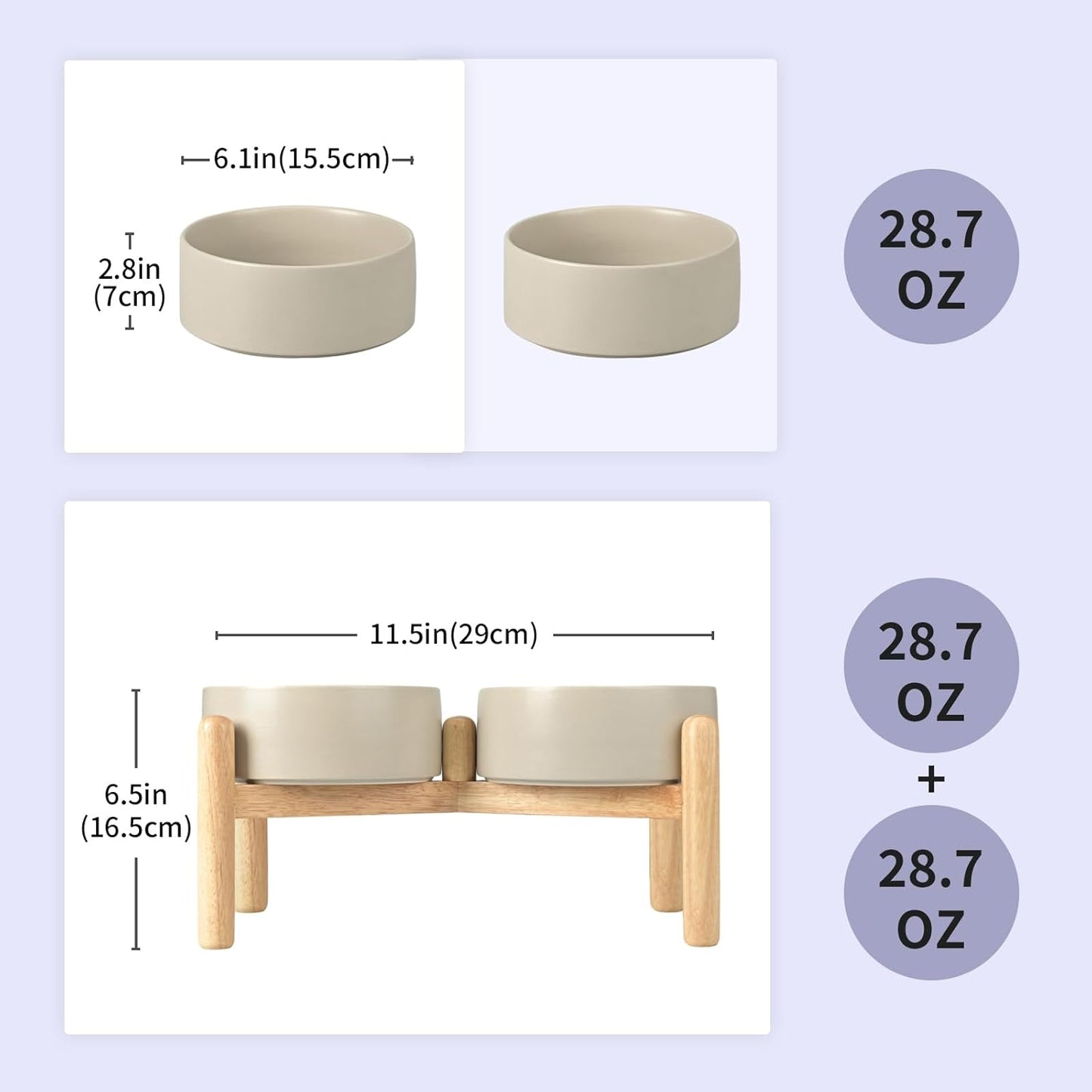 SPUNKYJUNKY Ceramics Raised Dog Bowls with Wooden Stand Elevated Dog Bowl for Small Medium Dog Food and Water Pet Feeding Bowl(Double 28.7OZ Bowls,Grey)