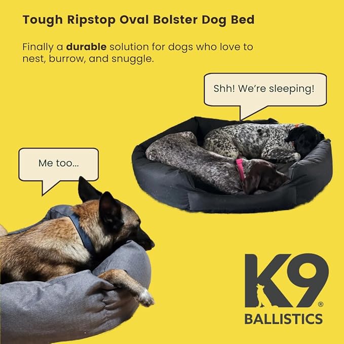 K9 Ballistics Tough Ripstop Oval Bolster Dog Bed, Calming Round Den Shape, Scratch Resistant, Machine Washable - Large, Taupe Premium Finish
