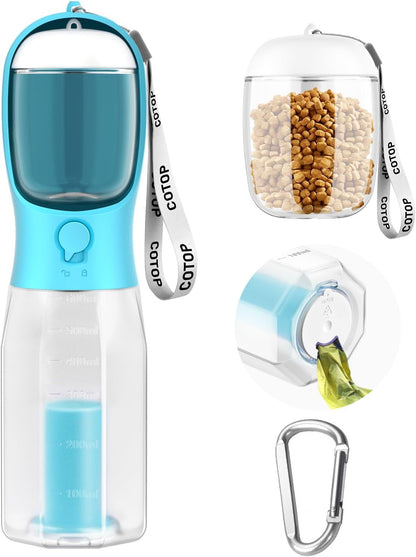 20oz Dog Water Bottle with Food Container & Poop Bag Dispenser | Leak-Proof Portable Pet Water Dispenser with Carabiner Clip | for Walking, Hiking, Travel