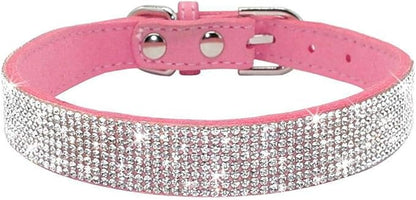 XS Dog Collar Cute Dazzling Sparkling Elegant Fancy Soft Suede Leather Bling Rhinestone Crystal Jeweled Small Pet Cat Dog Puppy Collar Dog Leash Combo Set (M, Pink)