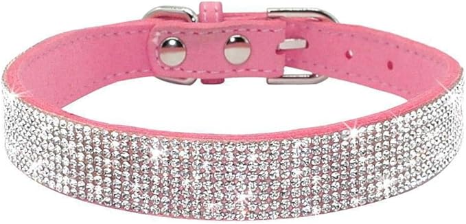 Rhinestone Dog Collar, Cute Dazzling Sparkling Soft Suede Leather Adjustable Pet Dog Cat Collar Crystal Diamond for Puppy Small Medium Large Dogs (XXS:15.5-21cm, Pink)