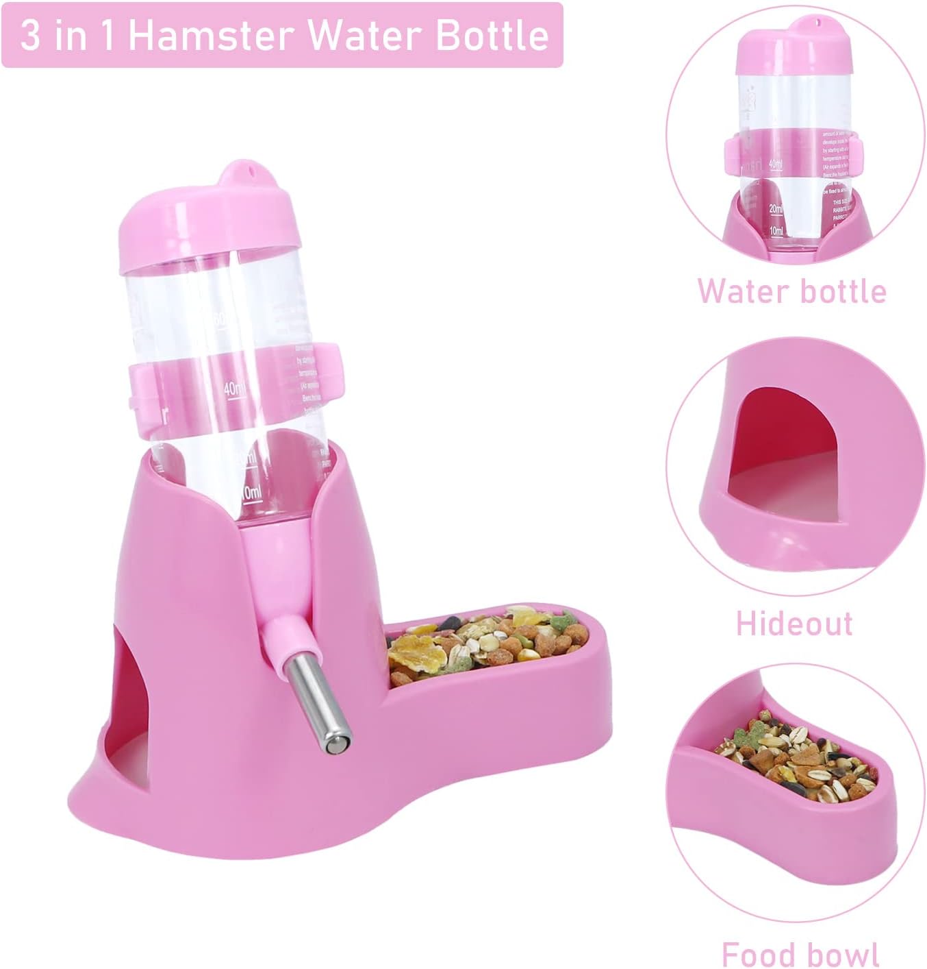 Wontee Hamster Water Bottle Water Dispenser Hamster Silent Exercise Running Wheel for Dwarf Hamsters Gerbil Mice (Pink, 80ML)