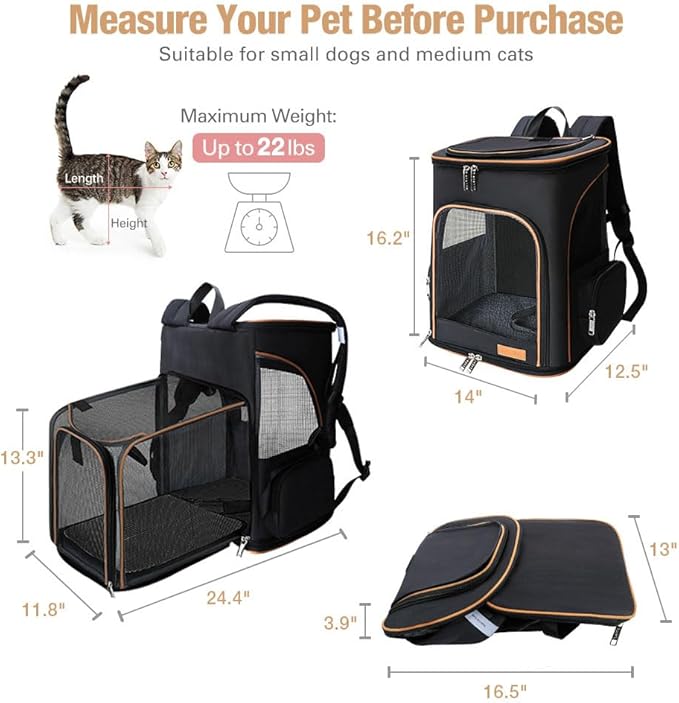 Lekereise Black Cat Backpack for Large Cats and Dogs Up to 20-25 Lbs Expandable Pet Carrier Backpack Dog Backpack with Safety Leash