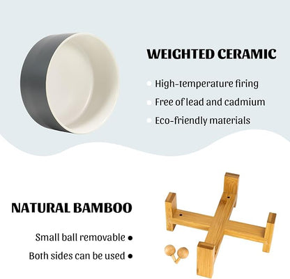 SPUNKYJUNKY 15° Slanted Ceramic Dog and Cat Bowl with Wooden Stand, Tilted Bulldog Food and Water Bowl No Slip Non-Spill for Cats Medium Dogs Big Face Pets 28.7 OZ (3.6 Cups, White-Grey)