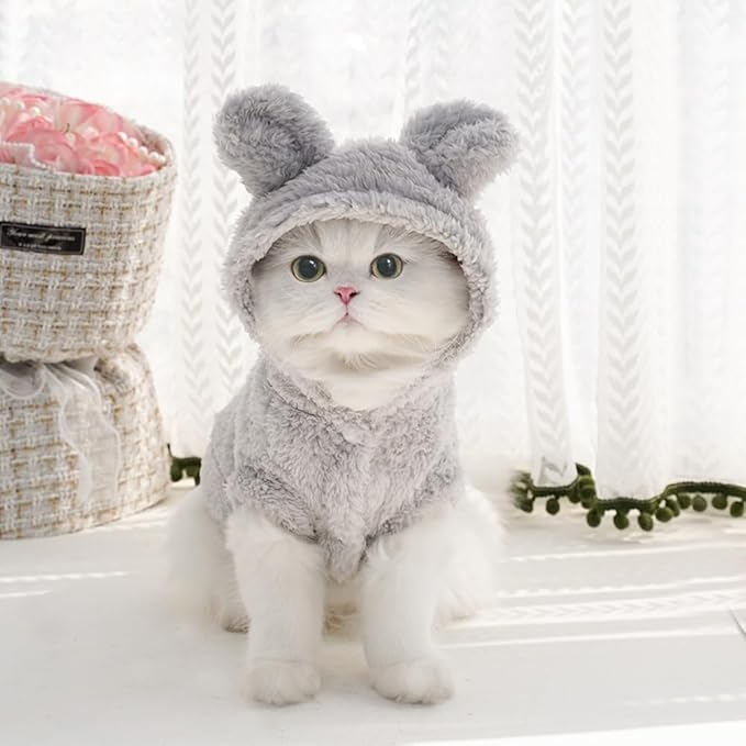 Cat Bunny Ears Costume Cute Dog Kitten Hoodies Sweater Rabbit Ears Puppy Pet Apparel (Small,Gray)
