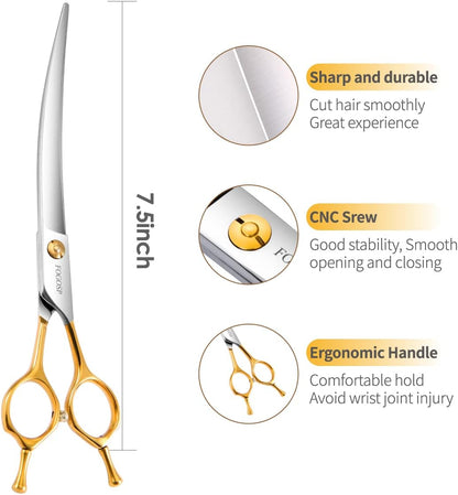 Curved Dog Grooming Scissors Professional 7.5" Grooming Shears for Dogs Pet Right Handed Groomer Japan 440C Stainless Steel (7.5 in Curved, Gold)