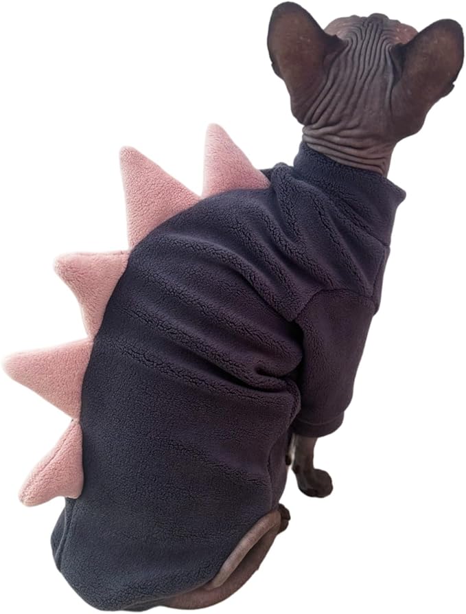 Dinosaur Sphynx Cat Clothes, Soft Polar Fleece Sweater for Cat, Elastic Pet Clothes Thick Winter Warm Outfit for Hairless Cat, Devon, Cornish, Small Dogs Apparel with Sleeves (Grey, Medium)