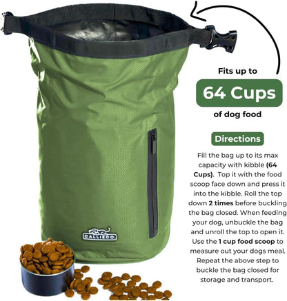 Callieco Dog Food Travel Bag w/ 1 Cup Scoop and Zipper Side Pocket | Waterproof Kibble Storage Container for Home, Road Trips, Camping, Boarding and More (Green, 64 Cups)