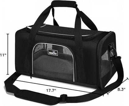 TSA Approved Pet Carrier for Small Medium Cats and Dogs | Dog Carrier with Adequate Ventilation | 4 Mesh Windows, 3 Entrance, Locking Safety Zippers, Padded Shoulder Strap, Black