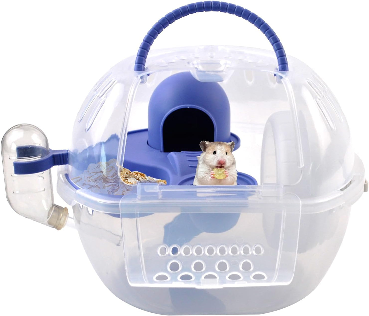 Dwarf Hamster Carrier Cage,Hamster Carrier Portable Hamster Travel Carry Case Breathable 2 Tiers with Silent Exercise Wheels,Water Bottle,Food Dish(Blue)