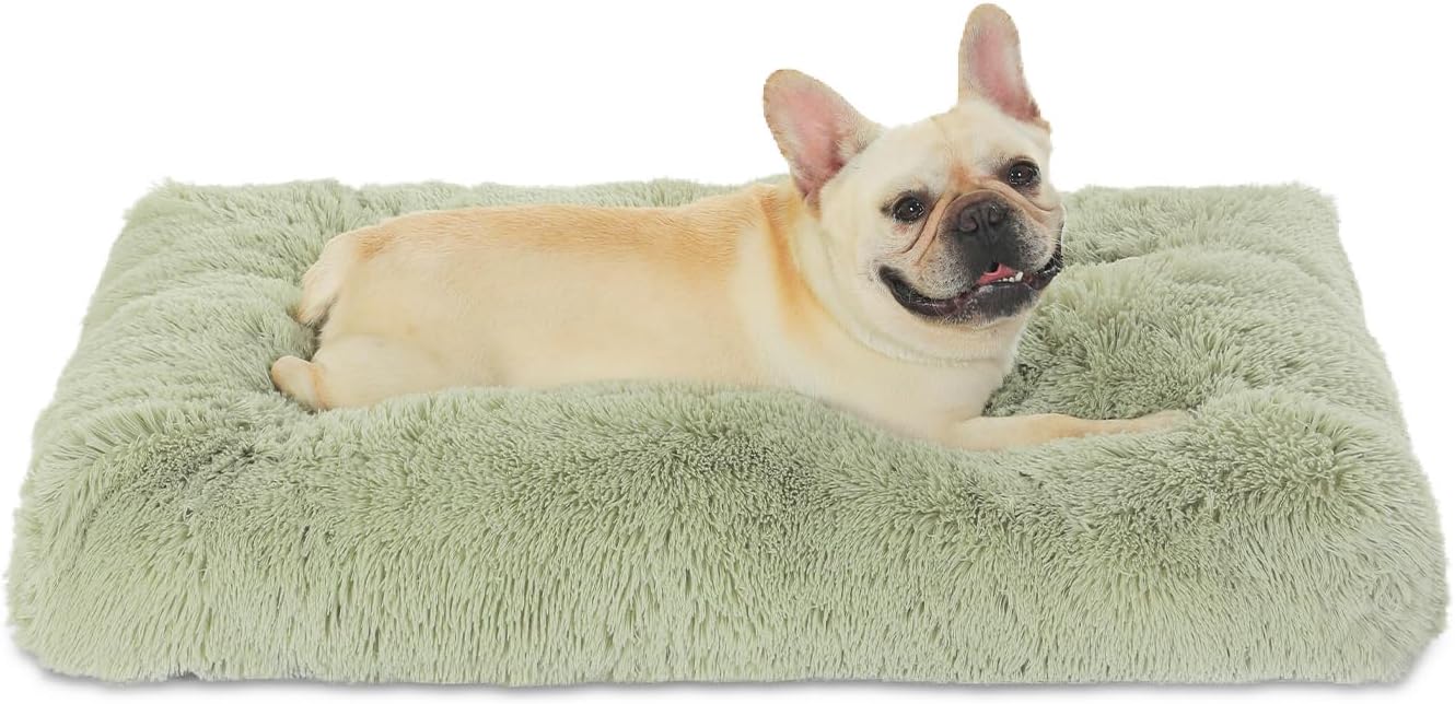 Bedfolks Waterproof Crate Bed, Plush Pad With Removable Cover, Faux Fur for Medium Dogs, Fluffy Washable Kennel 29"x21", Sage Green