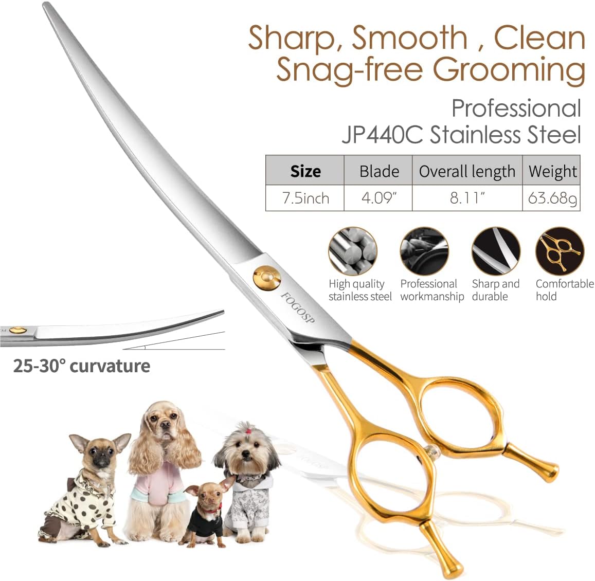 Curved Dog Grooming Scissors Professional 7.5" Grooming Shears for Dogs Pet Right Handed Groomer Japan 440C Stainless Steel (7.5 in Curved, Gold)