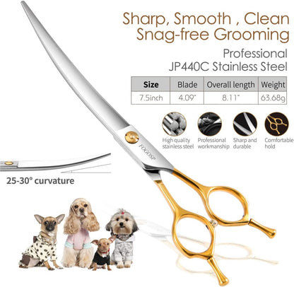 Curved Dog Grooming Scissors Professional 7.5" Grooming Shears for Dogs Pet Right Handed Groomer Japan 440C Stainless Steel (7.5 in Curved, Gold)