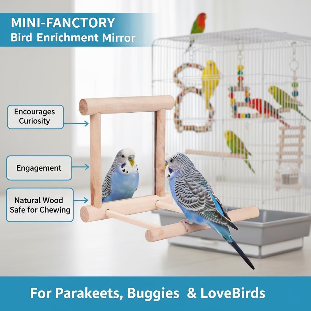 Bird Mirror Toy for Parakeet, Budgie, and Lovebirds - MINI-FACTORY Safe Enrichment Cage Accessory with Natural Wood Perch for Small & Medium Birds