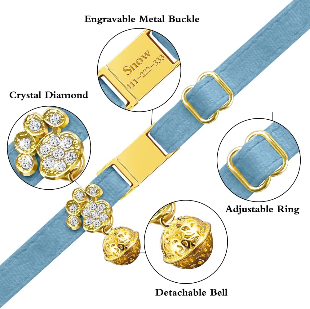 Personalized Breakaway Cat Collars - Magnetic Buckle, Bell - Safety Quick Release, Customized for Girls & Boys Cats- (Velvet-Sky Blue)