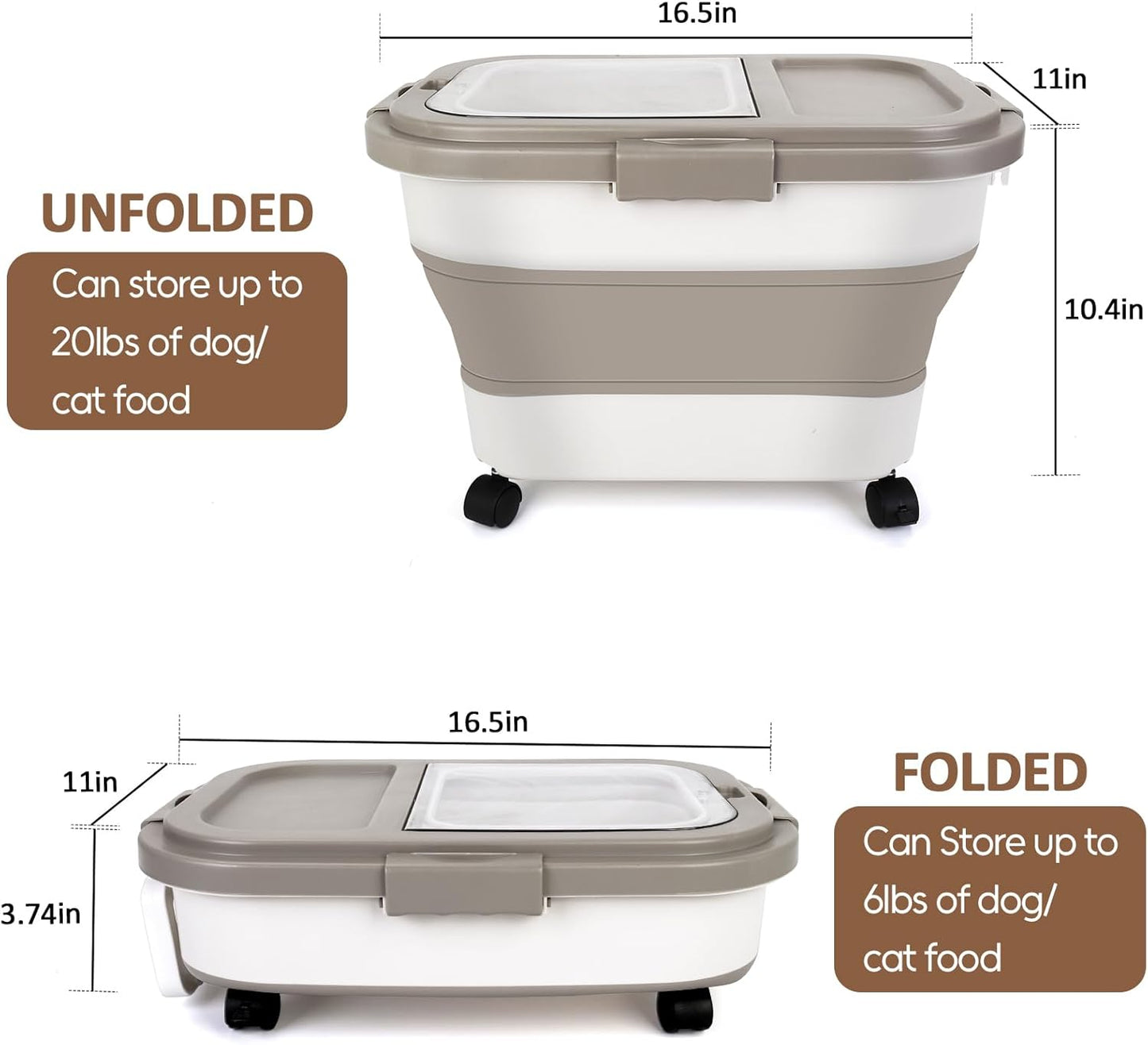 ShineMe 20Lbs Collapsible Pet Food Storage Container with Airtight Lid, Dog Food Storage Container with Measuring Scoop and Cup, Wheels & Handle for Easy Moving, Keep Dry Food Fresh (Khaki)