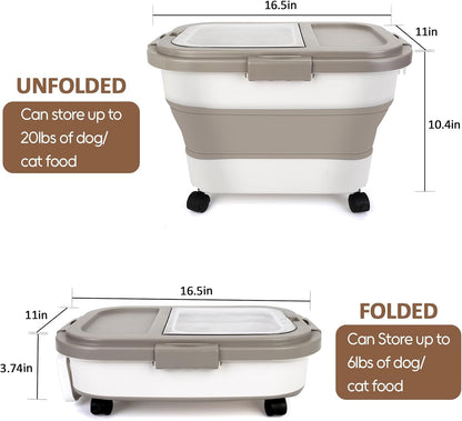 ShineMe 20Lbs Collapsible Pet Food Storage Container with Airtight Lid, Dog Food Storage Container with Measuring Scoop and Cup, Wheels & Handle for Easy Moving, Keep Dry Food Fresh (Khaki)