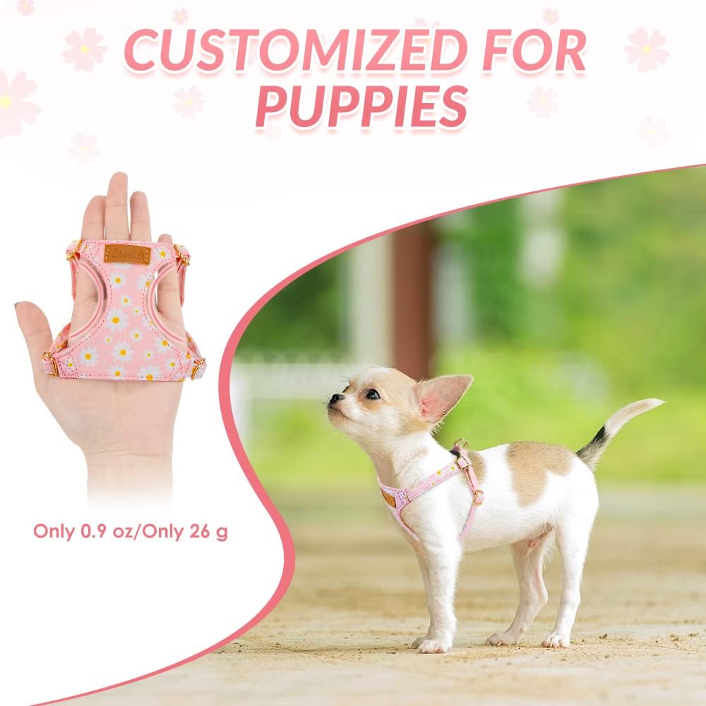 SlowTon No Pull Dog Harness with Leash - Soft Lightweight Floral Pattern Puppy Harness, Adjustable Pet Harness for Small Medium Dogs (Pink Daisy M)