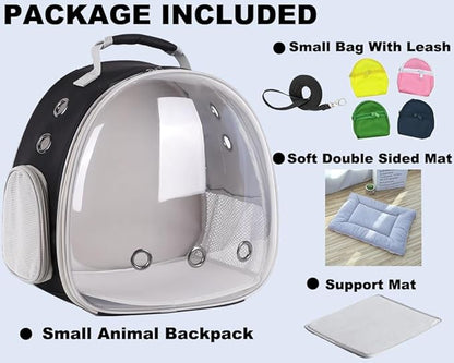Portable Guinea Pig Backpack with Small Bag Harness and Leash Set, Space Capsule Bubble Pet Carrier Cage Travel for Rabbit, Bearded Dragon, Sugar Glider (Black, Backpack+Bag)