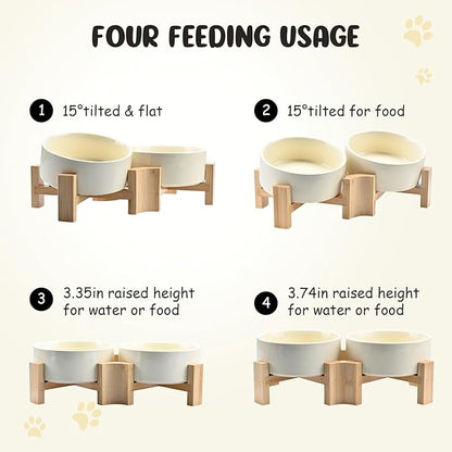 SPUNKYJUNKY 15° Slanted Ceramic Dog and Cat Bowl with Wooden Stand, Tilted Bulldog Food and Water Bowl No Slip Non-Spill for Cats Medium Dogs Big Face Pets 13.5 OZ (1.7 Cups, Beige × 2)
