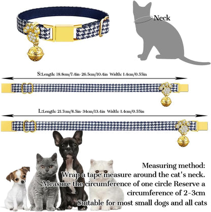 Personalized Breakaway Cat Collars - Magnetic Buckle, Bell - Safety Quick Release, Customized for Girls & Boys Cats- (Houndstooth-Navy)