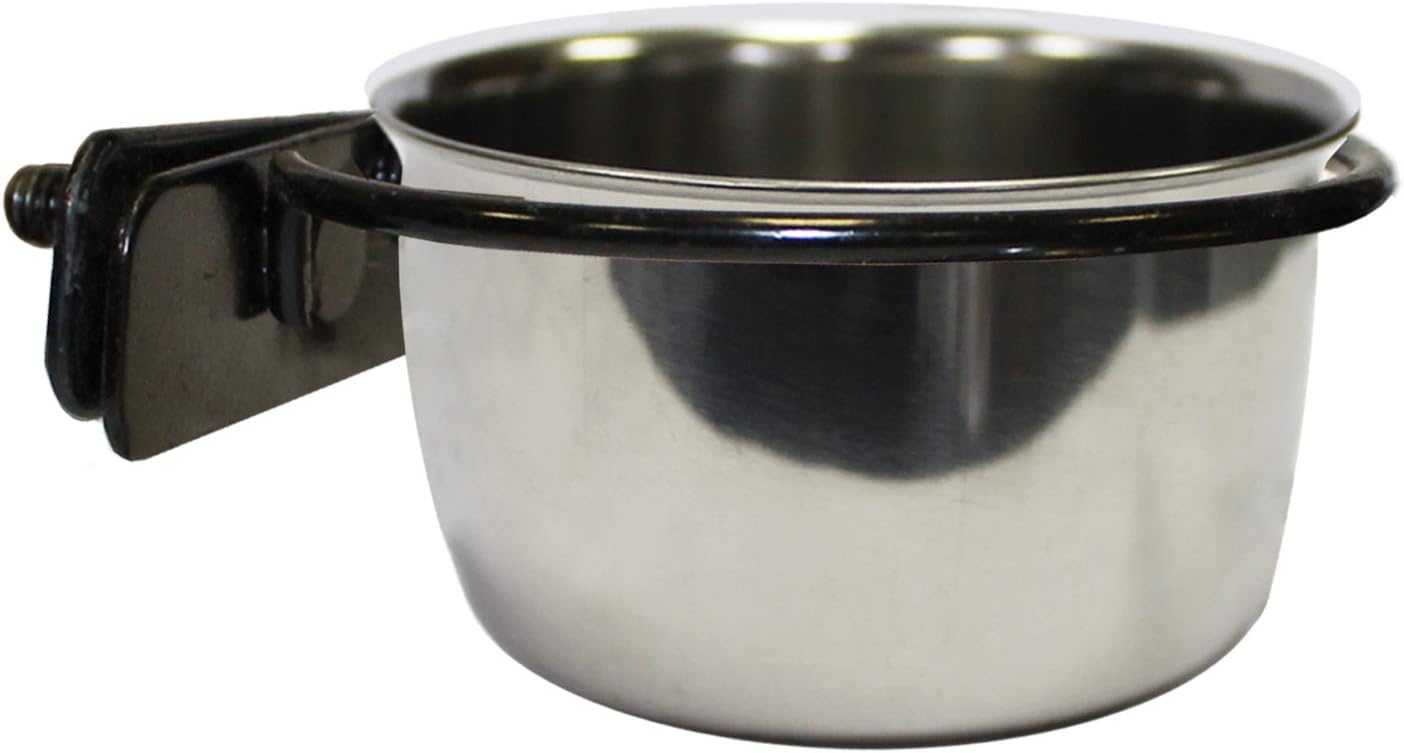 Stainless Steel Cup w/Holder - Durable Metal Mountable Food & Water Dish - Sugar Gliders, Hedgehogs, Chinchillas, Rats, Ferrets, Guinea Pigs, Rabbits, Squirrels, Birds (5 oz., Silver)