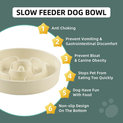Ceramic 1.2 Cup Slow Feeder Dog Bowl for Medium and Small Breed, 7.3inch Puzzle Dog Food Dish, Anti-Gulping, Stop Bloat, Preventing Choking (Single Bowl-Beige)
