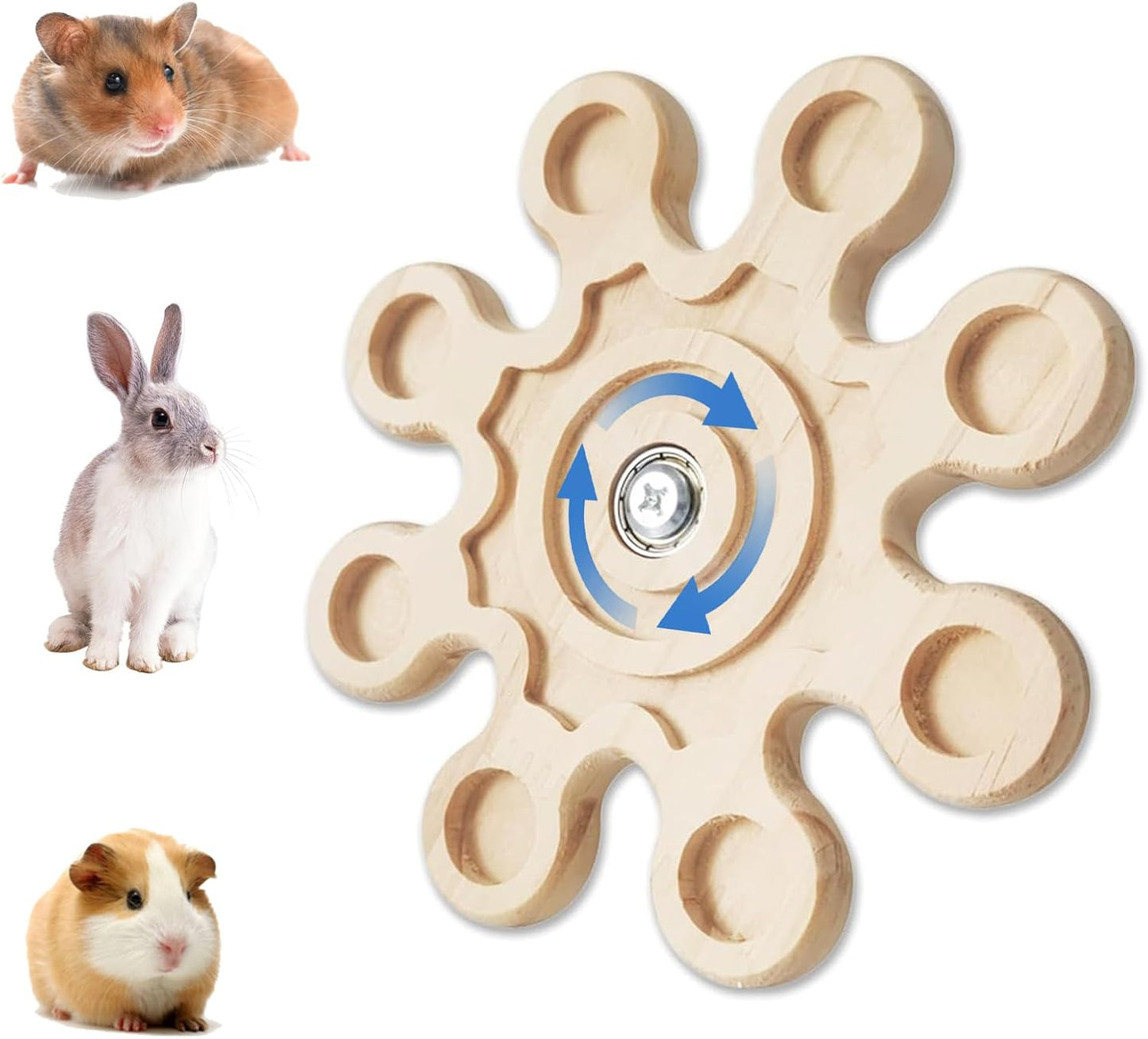 KABASI Rotating Natural Wood Chinchilla Chew Toys, Interactive Enrichment Rat Enrichment Toys for Teeth Grinding, Hanging Exercise Chinchilla Cage Accessories Snowflake Wheel for Hamster Guinea Pig
